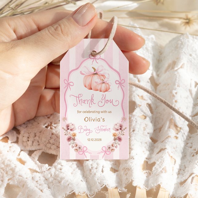 Étiquettes-cadeau Pumpkin Pink Bow Floral Baby Shower Thank You (Créateur téléchargé)