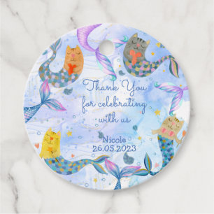 Étiquettes Cadeau Purmaid chat sirène aquarelle fille anniversaire