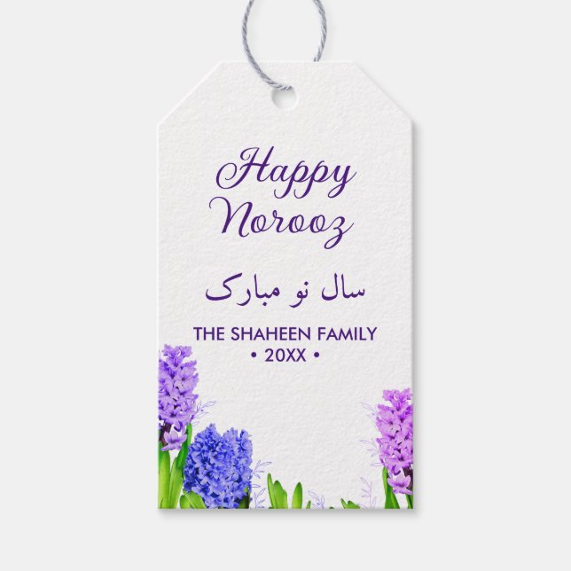 Étiquettes-cadeau Purple Blue Rose Joyeux Norooz Hyacinth Flowers (Devant)