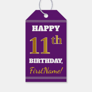 Étiquettes-cadeau Purple, Faux Gold 11e anniversaire + Nom personnal