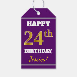 Étiquettes-cadeau Purple, Faux Gold 24e anniversaire + Nom personnal