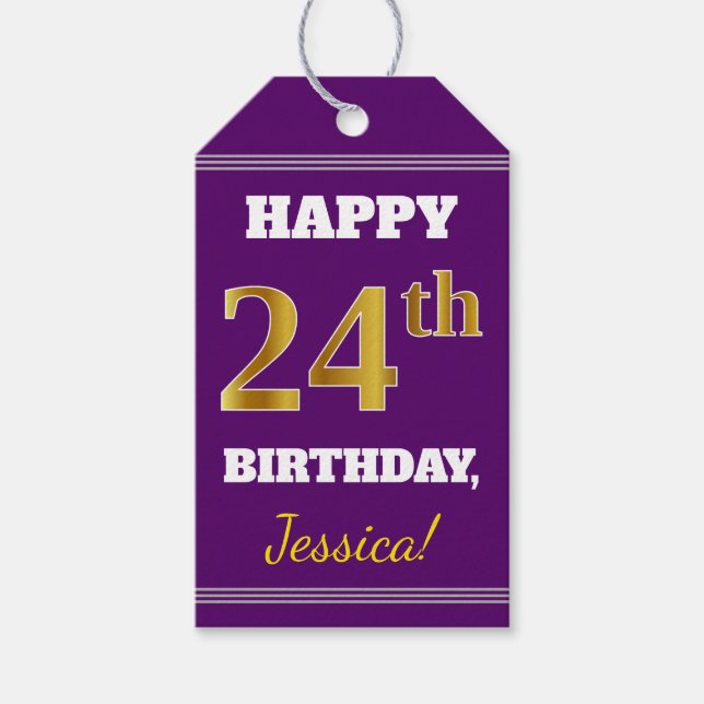 Étiquettes-cadeau Purple, Faux Gold 24e anniversaire + Nom personnal (Devant)