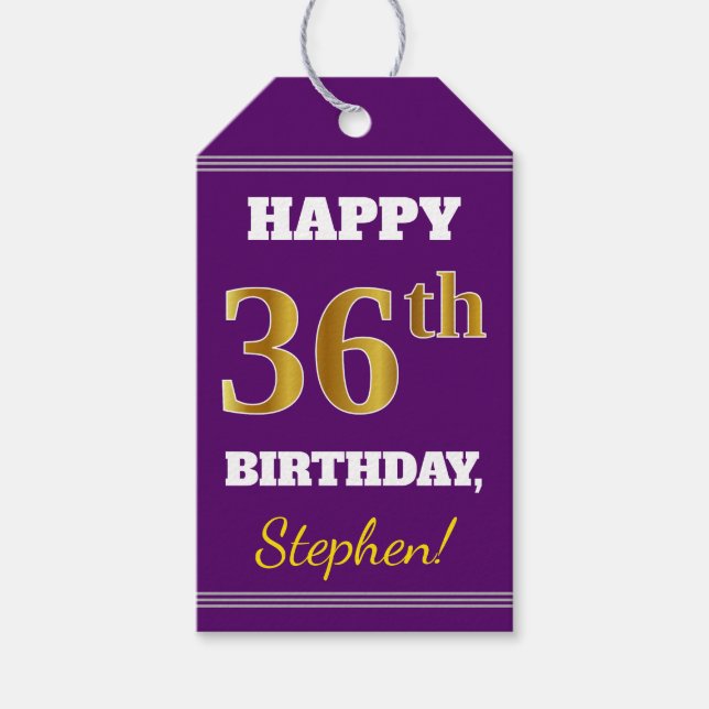 Étiquettes-cadeau Purple, Faux Gold 36e anniversaire + Nom personnal (Devant)
