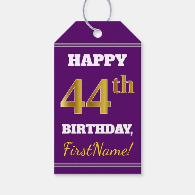 Étiquettes-cadeau Purple, Faux Gold 44e anniversaire + Nom personnal (Devant)