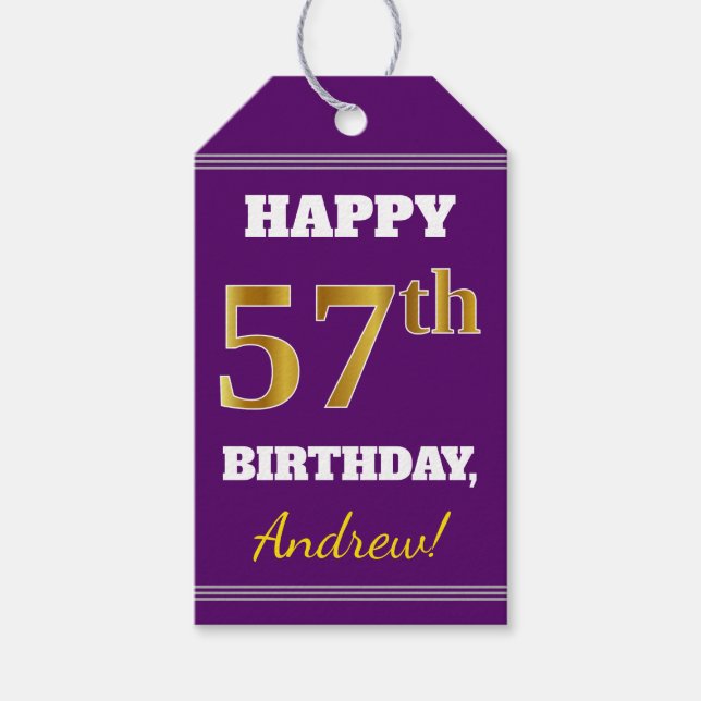 Étiquettes-cadeau Purple, Faux Gold 57e anniversaire + Nom personnal (Devant)