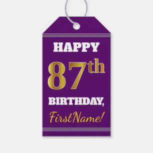 Étiquettes-cadeau Purple, Faux Gold 87e anniversaire + Nom personnal