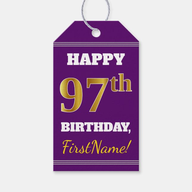 Étiquettes-cadeau Purple, Faux Gold 97e anniversaire + Nom personnal (Devant)