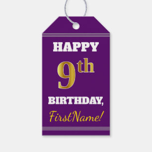 Étiquettes-cadeau Purple, Faux Gold 9e anniversaire + Nom personnali