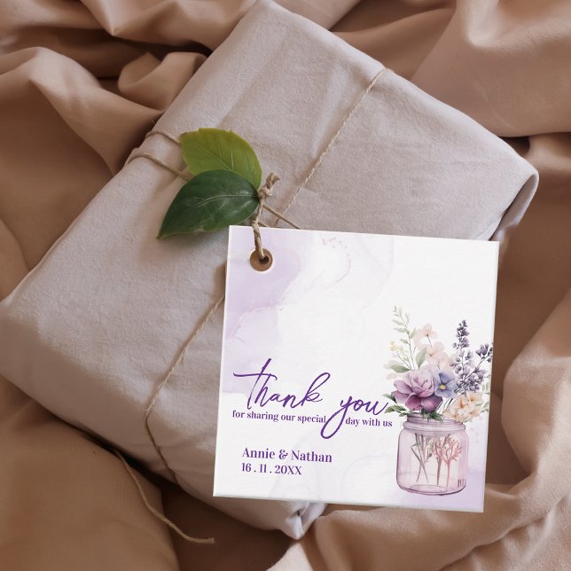 Étiquettes Cadeau Purple Floral Chic Merci Message Mariage (Purple Floral Chic Thank you Message Wedding Party Favor Tags)