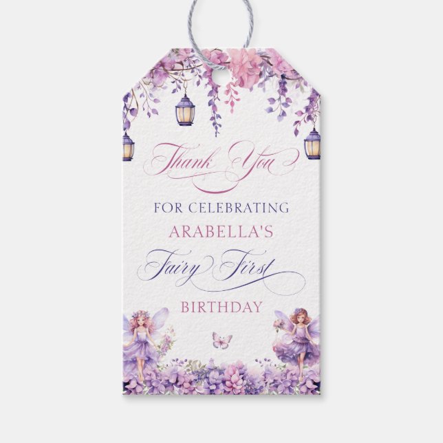 Étiquettes-cadeau Purple Floral Fairy First Birthday Thank You (Devant)