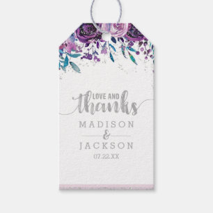 Étiquettes-cadeau Purple Floral & Silver Mariage Amour & Merci