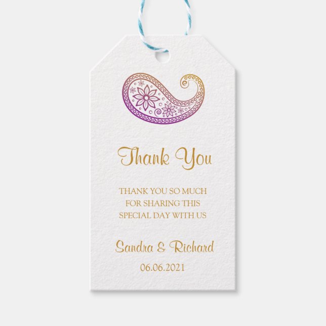 Étiquettes-cadeau Purple & Gold Paisley Mariage indien Merci (Devant)