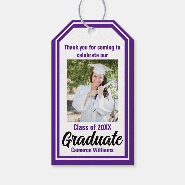 Étiquettes-cadeau Purple Graduate Photo Graduate personnalisée (Devant)