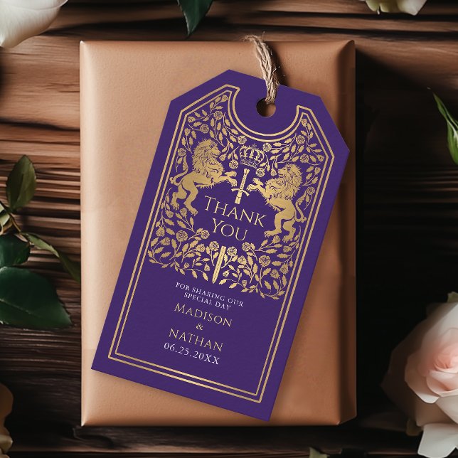 Étiquettes-cadeau Purple Royal Lion Médiéval Mariage Merci d'épée (Créateur téléchargé)