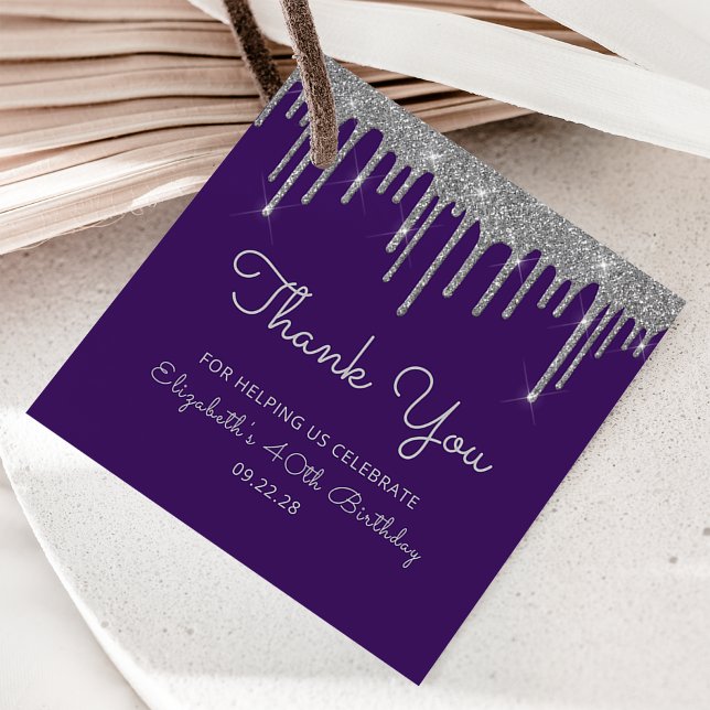 Étiquettes Cadeau Purple Silver Parties scintillant Drip 40e fête d' (Créateur téléchargé)