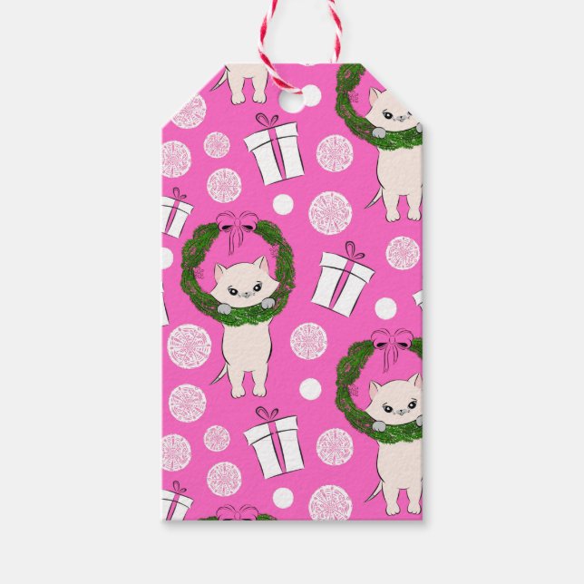 Étiquettes-cadeau Purr parfaitement Festive : Sac à vin Kitty rose (Devant)