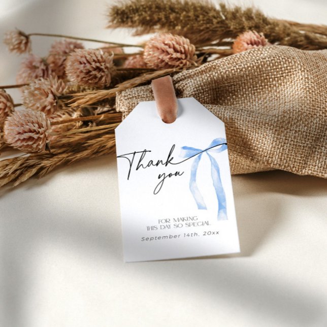 Étiquettes-cadeau Quelque chose de bleu Noeud à nouer Enterrement de (Blue bow thank you tag for a "something blue before I do" themed bridal shower)