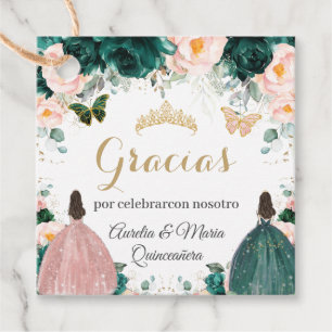 Étiquettes Cadeau Quinceañera Emerald Green Blush Floral Twins