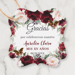 Étiquettes Cadeau Quinceañera Floral Burgundy Blush Papillons