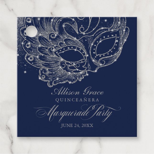 Étiquettes Cadeau Quinceanera Masquerade Party Argent bleu (Devant)