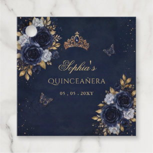 Étiquettes Cadeau Quinceañera papillon floral or et marine