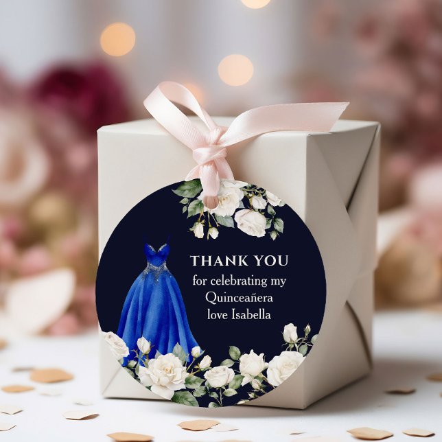 Étiquettes Cadeau Quinceanera Princess Robe foncée Royal Bleu Floral (Favor tags from the Princess Dress and Roses Quinceanera collection by Darling & May)
