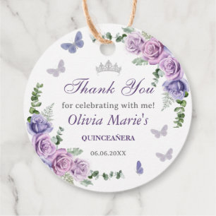 Étiquettes Cadeau Quinceañera Purple Lilac Floral Tiara Papillons