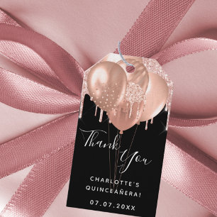 Étiquettes-cadeau Quinceanera rose noir ballon d'or Merci