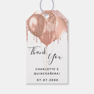 Étiquettes-cadeau Quinceanera rose or blanc ballon merci