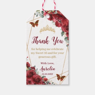 Étiquettes-cadeau Quinceañera Sweet 16 Fleurs Rouges Papillon Floral