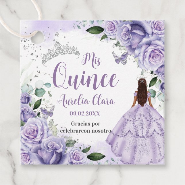 Étiquettes Cadeau Quinceañera Violet Rose Floral Silver Princesse (Devant)
