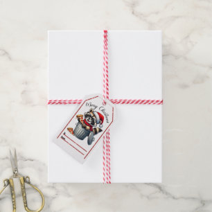 Étiquettes-cadeau Raccoon fête joyeusement la pizza de Noël !