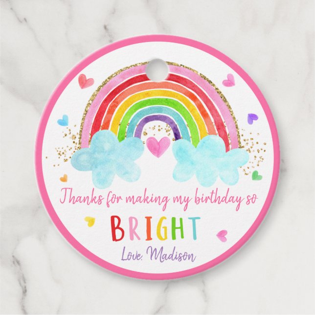 Étiquettes Cadeau Rainbow Cloud Hearts Or rose Anniversaire Merci (Devant)