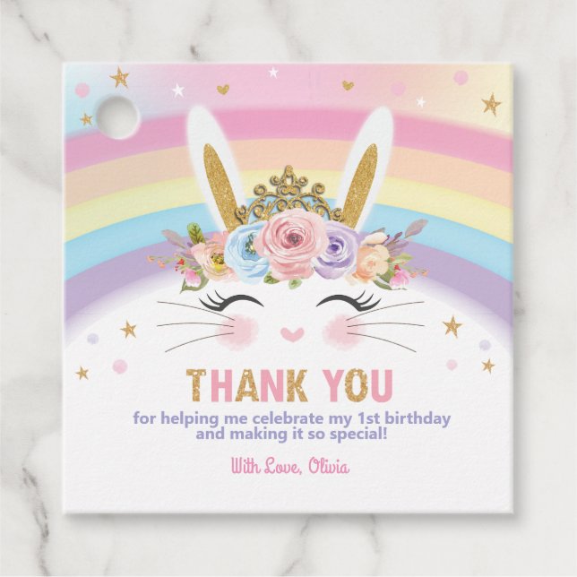 Étiquettes Cadeau Rainbow Princess Bunny Merci d'anniversaire (Devant)