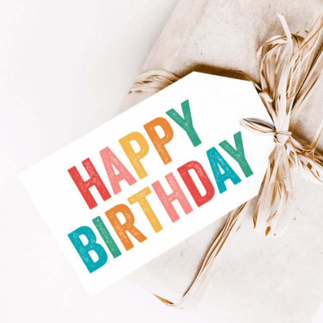 Étiquettes-cadeau Rainbow Type Joyeux anniversaire (Colorful type happy birthday gift tags.)