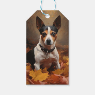 Étiquettes-cadeau Rat Terrier dans les feuilles d'automne qui tomben
