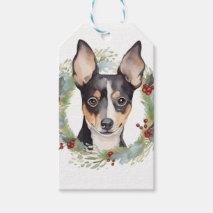 Étiquettes-cadeau Rat Terrier Fête de Noël Wreath Pup