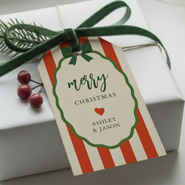 Étiquettes-cadeau Rayé Chic Rouge & Vert Noël Rétro Joyeux (Créateur téléchargé)