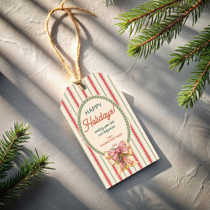Étiquettes-cadeau Rayures rouges et vertes vintage de Noël avec cloc