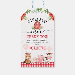 Étiquettes-cadeau Red Barn Oink Baa Moo ferme Anniversaire Merci