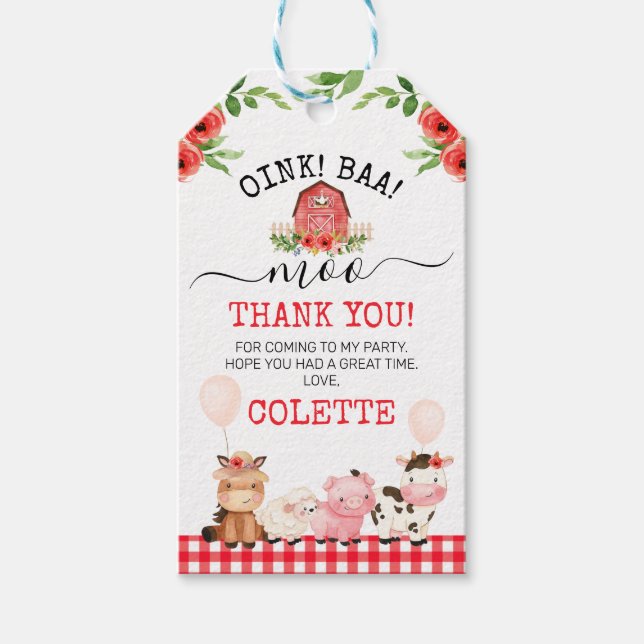 Étiquettes-cadeau Red Barn Oink Baa Moo ferme Anniversaire Merci (Devant)