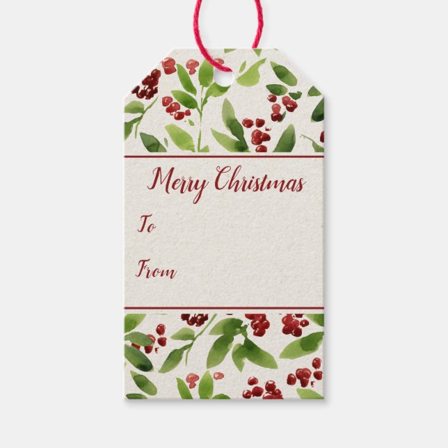 Étiquettes-cadeau Red Berry Green Feuilles Noël Design (Devant)