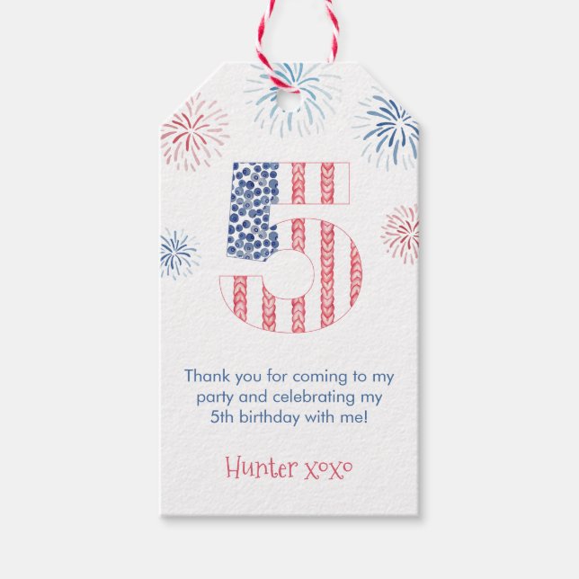Étiquettes-cadeau Red Blue Firecracker 5th Birthday Party Favoriser  (Devant)