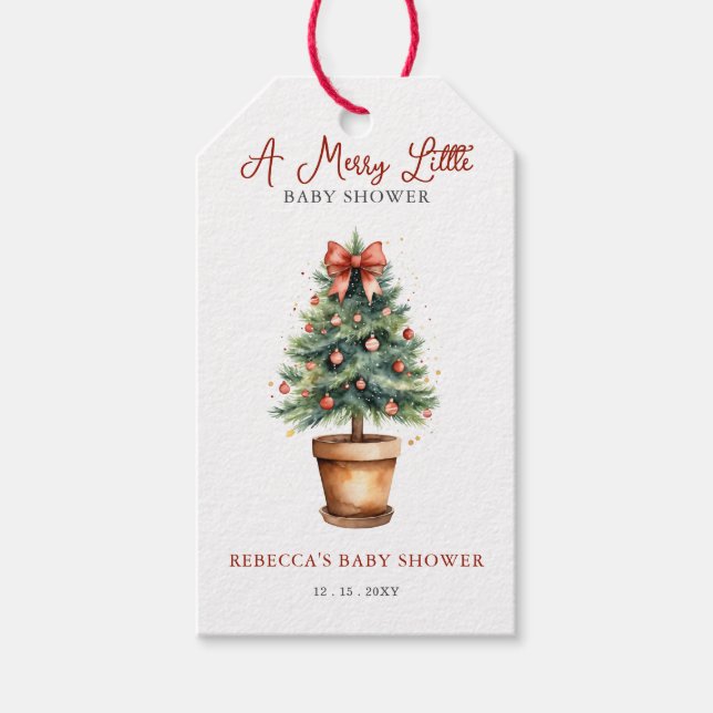 Étiquettes-cadeau Red Bow Christmas Tree Joyeux petit Baby shower (Devant)
