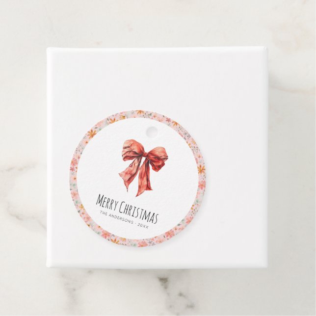 Étiquettes Cadeau Red Bow Coquette Floral moderne Noël (En situation)