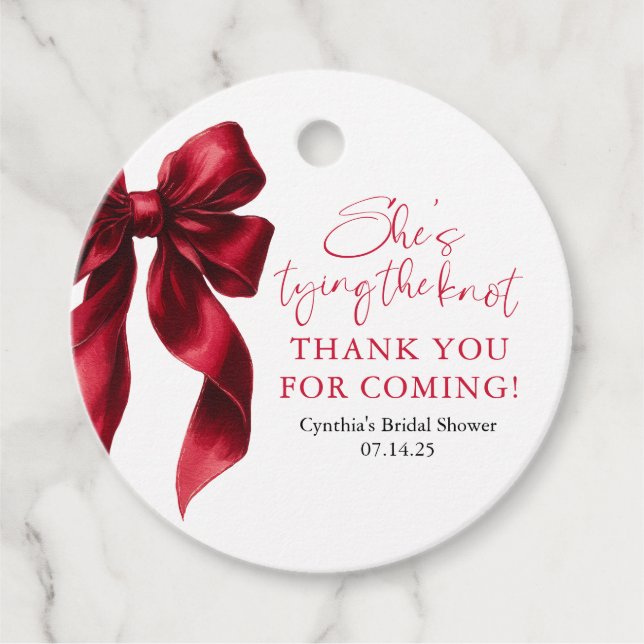 Étiquettes Cadeau Red Bow Elle noue la Fête des mariées du noeud (Devant)