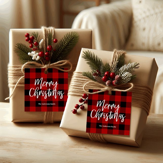 Étiquettes Cadeau Red Buffalo Plaid & Joyeux Noël |Nom personnel (Créateur téléchargé)