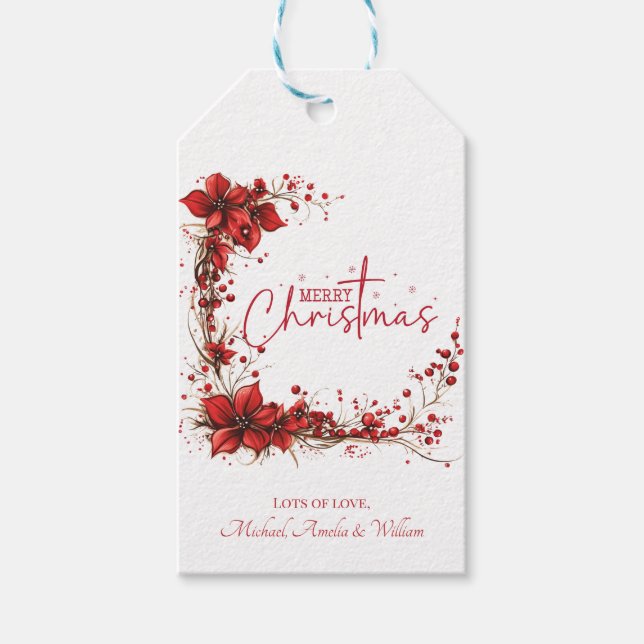 Étiquettes-cadeau Red Floral Christmas Wreath Elegant Holiday (Devant)