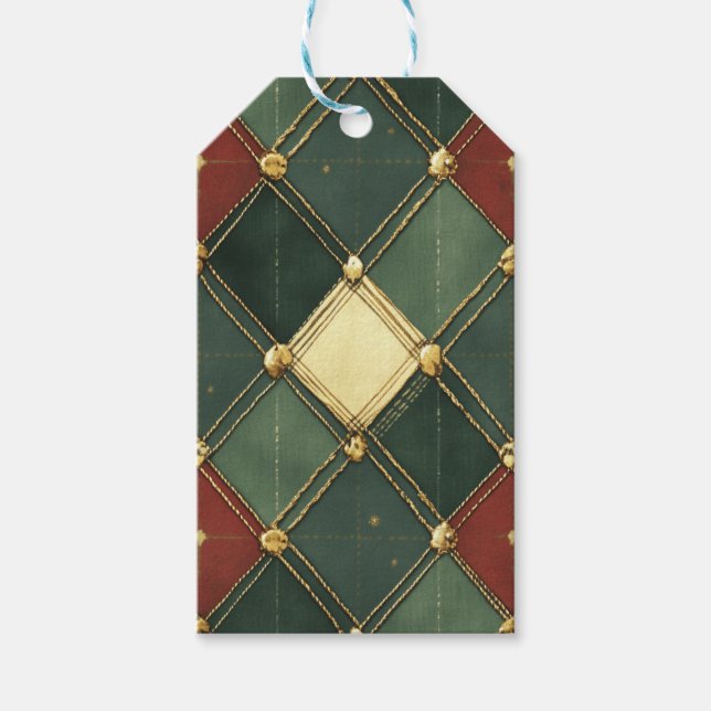 ÉTIQUETTES-CADEAU RED GREEN CREAM GOLD HOLIDAY DIAMOND PATTERN (Devant)