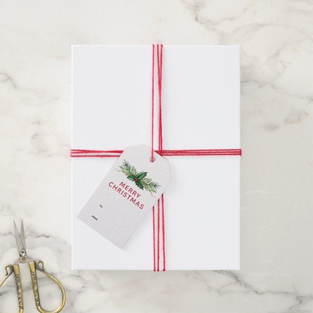 Étiquettes-cadeau Red Holly Bouquet Feuille Noël (Avec de la ficelle)